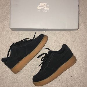 Black Suede upper & Gum soles: Nike Air Force 1’s